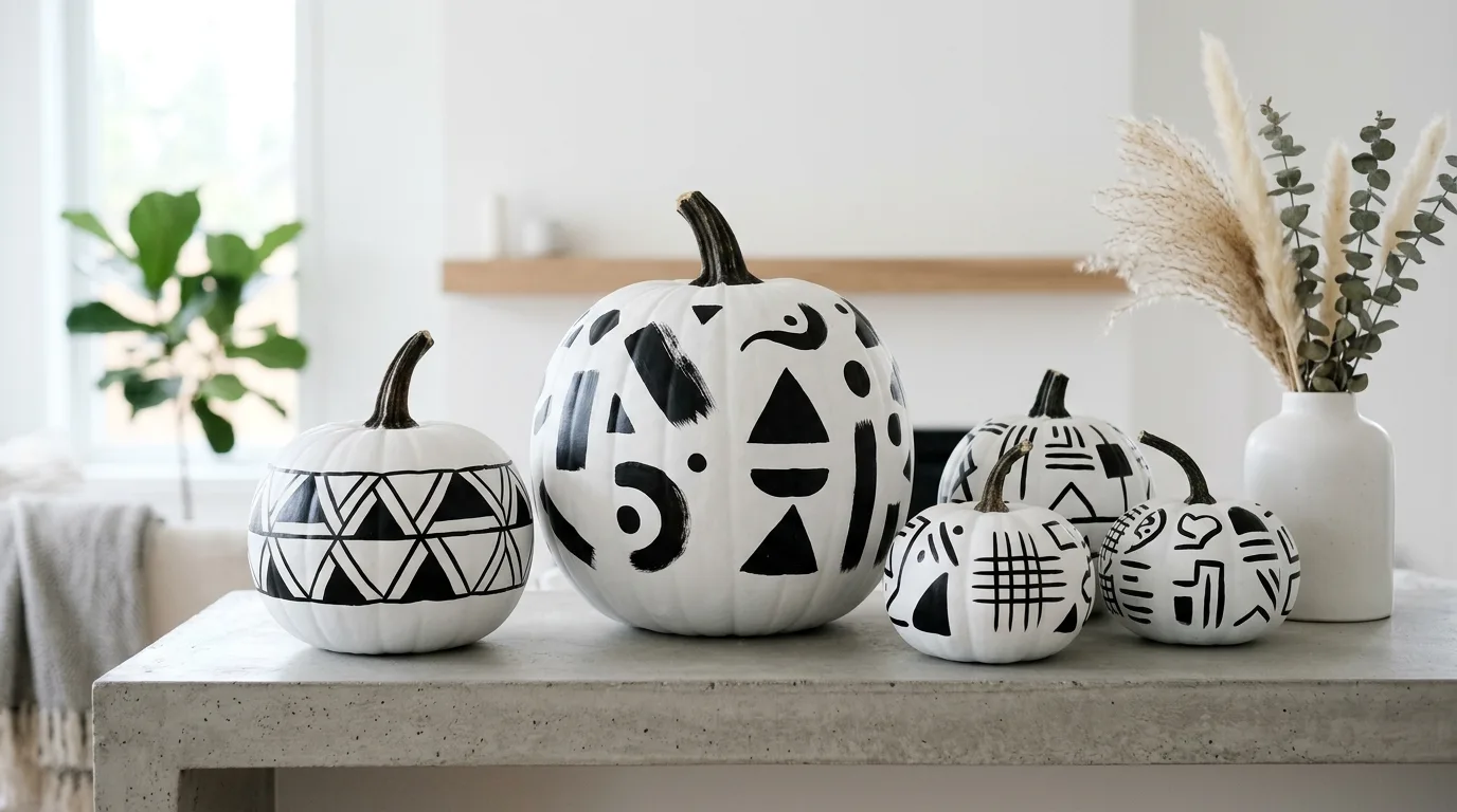 Create contrast with black and white designs inspiration for a painted pumpkin display.